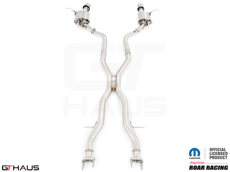 Premium performance exhaust system for Jeep Grand Cherokee R/T with 5.7 HEMI V8, featuring stainless steel construction and electronic valves.