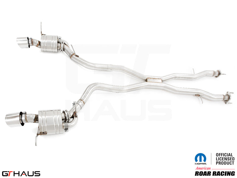 Premium performance exhaust system for 2012+ Jeep Grand Cherokee R/T with 5.7 HEMI V8, featuring stainless steel construction.