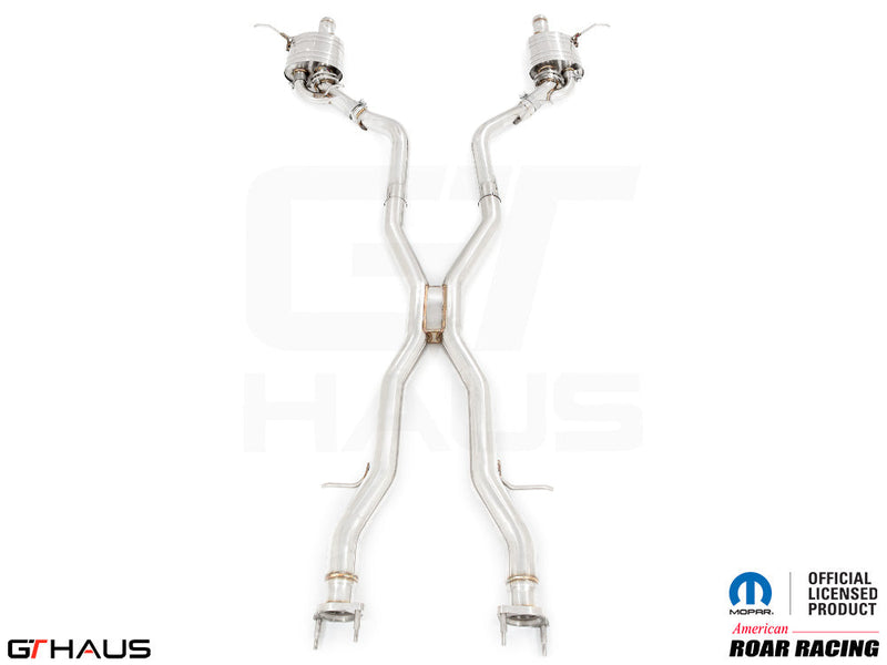 Premium performance exhaust system for 2012+ Jeep Grand Cherokee R/T with 5.7 HEMI V8, featuring stainless steel construction.