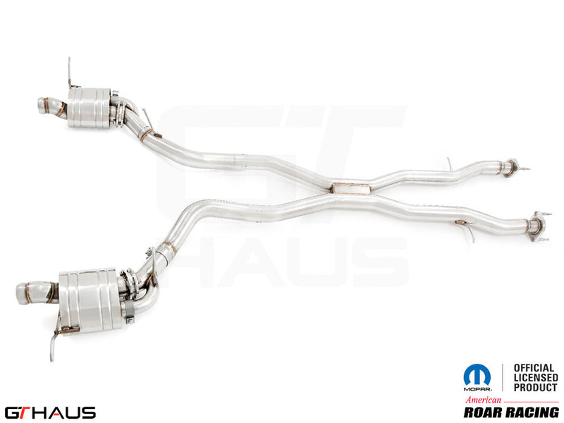 Premium performance exhaust system for 2012+ Jeep Grand Cherokee R/T with 5.7 HEMI V8, featuring stainless steel construction.