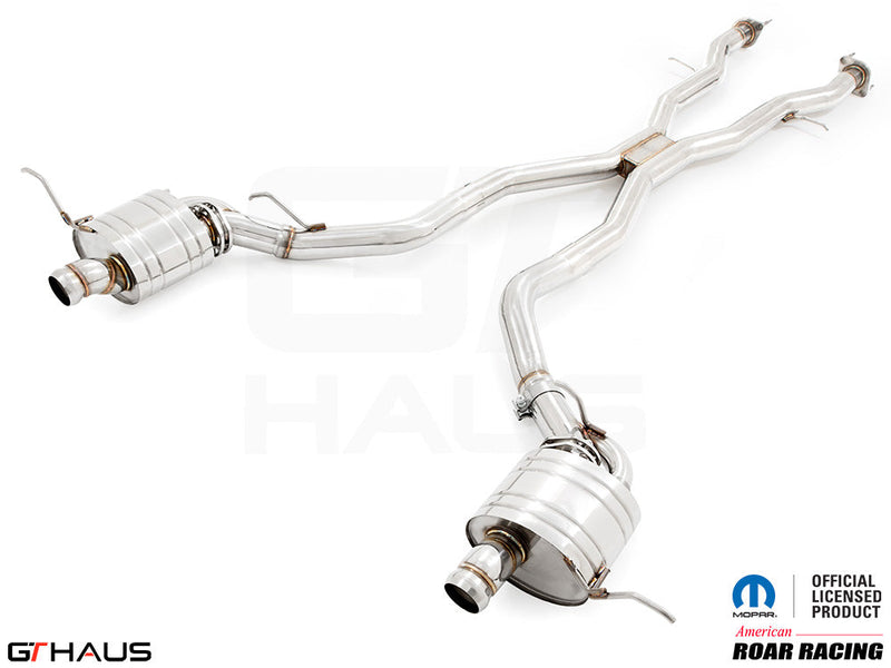 Premium performance exhaust system for 2012+ Jeep Grand Cherokee R/T with 5.7 HEMI V8, featuring stainless steel construction.