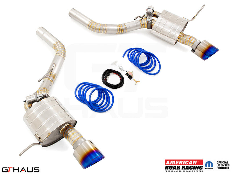 Premium exhaust system for 2012+ Jeep Grand Cherokee R/T with 5.7 HEMI V8, featuring stainless steel construction and performance enhancements.
