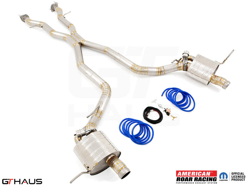 Premium performance exhaust system for 2012+ Jeep Grand Cherokee R/T with 5.7 HEMI V8, featuring stainless steel construction.