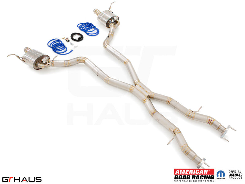 Premium performance exhaust system for 2012+ Jeep Grand Cherokee R/T with 5.7 HEMI V8, featuring stainless steel construction.