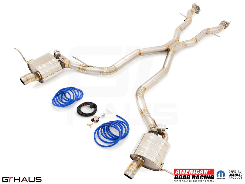 Premium performance exhaust system for Jeep Grand Cherokee R/T with 5.7 HEMI V8, featuring stainless steel construction and electronic valve control.