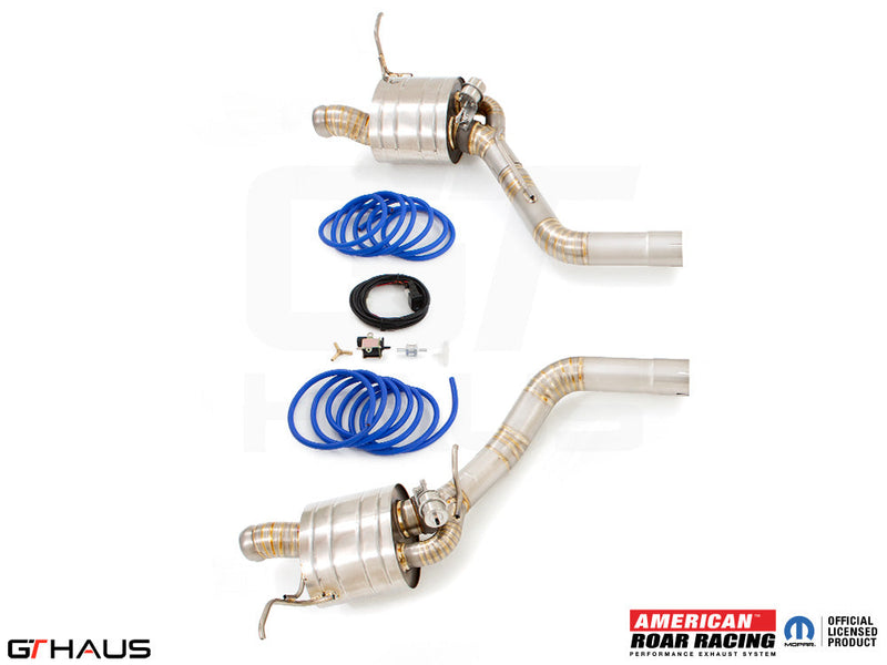 Premium exhaust system for Jeep Grand Cherokee R/T with 5.7 HEMI V8, featuring stainless steel construction and performance components.
