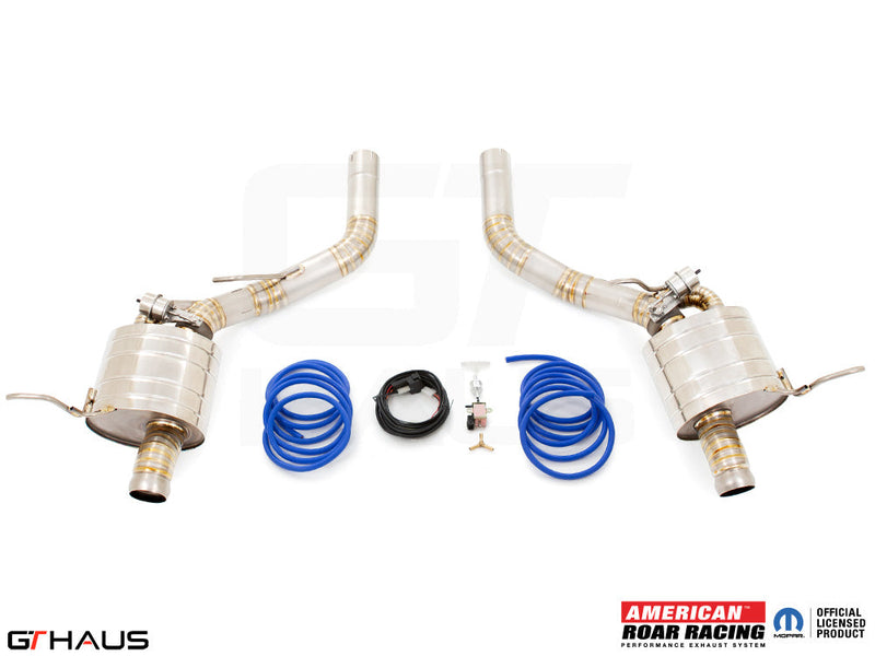 Premium performance exhaust system for 2012+ Jeep Grand Cherokee R/T with 5.7 HEMI V8, featuring stainless steel construction.