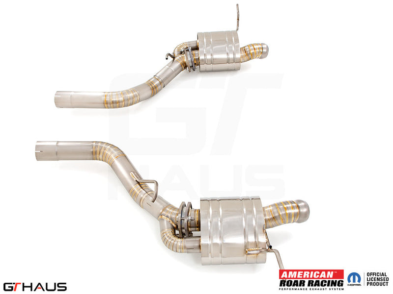 Premium performance exhaust system for Jeep Grand Cherokee R/T with 5.7 HEMI V8, featuring stainless steel construction.