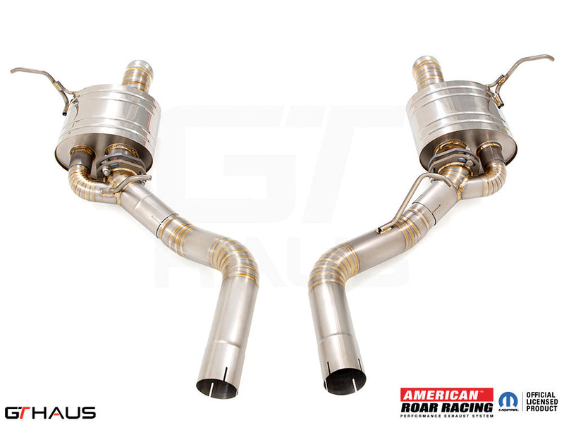 Premium performance exhaust system for Jeep Grand Cherokee R/T with 5.7 HEMI V8, featuring stainless steel construction.