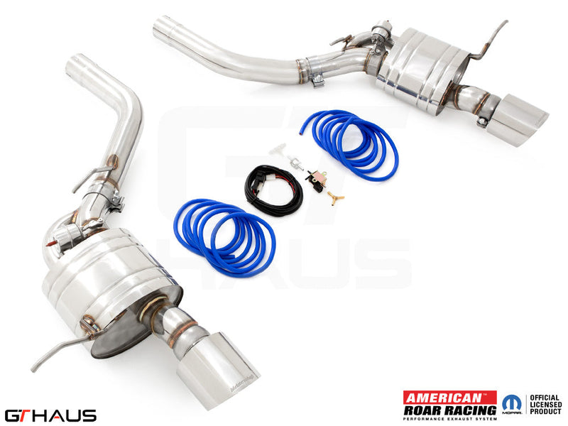 Premium exhaust system for 2012+ Jeep Grand Cherokee SRT8 featuring dual stainless steel pipes and electronic valve control.
