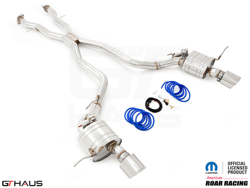 Premium performance exhaust system for Jeep Grand Cherokee SRT8, featuring dual stainless steel pipes and electronic valve control.