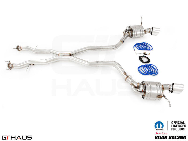 Premium performance exhaust system for 2012+ Jeep Grand Cherokee SRT8 with 6.4 HEMI V8, featuring stainless steel construction.