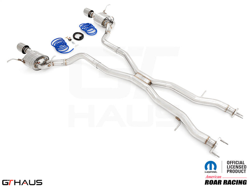 Premium performance exhaust system for 2012+ Jeep Grand Cherokee SRT8 with 6.4 HEMI V8, featuring stainless steel construction.