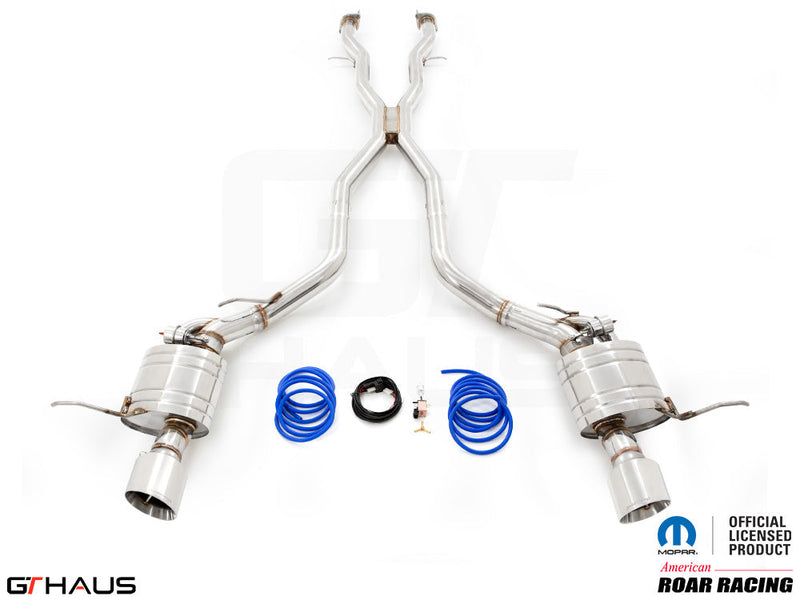 Premium exhaust system for 2012+ Jeep Grand Cherokee SRT8 with 6.4 HEMI V8, featuring dual tips and electronic valve control.