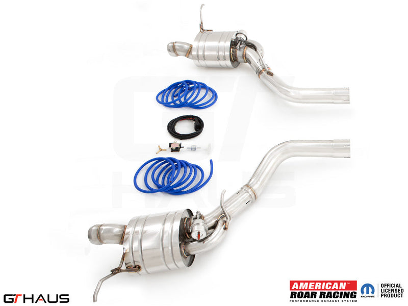 Premium performance exhaust system for 2012+ Jeep Grand Cherokee SRT8 with 6.4 HEMI V8, featuring stainless steel construction.