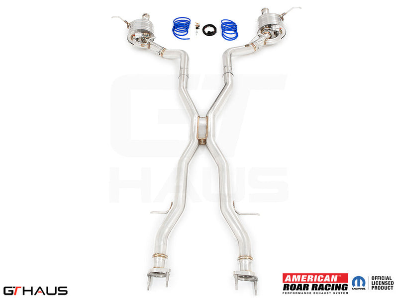 Premium performance exhaust system for 2012+ Jeep Grand Cherokee SRT8 with 6.4 HEMI V8, featuring stainless steel construction.