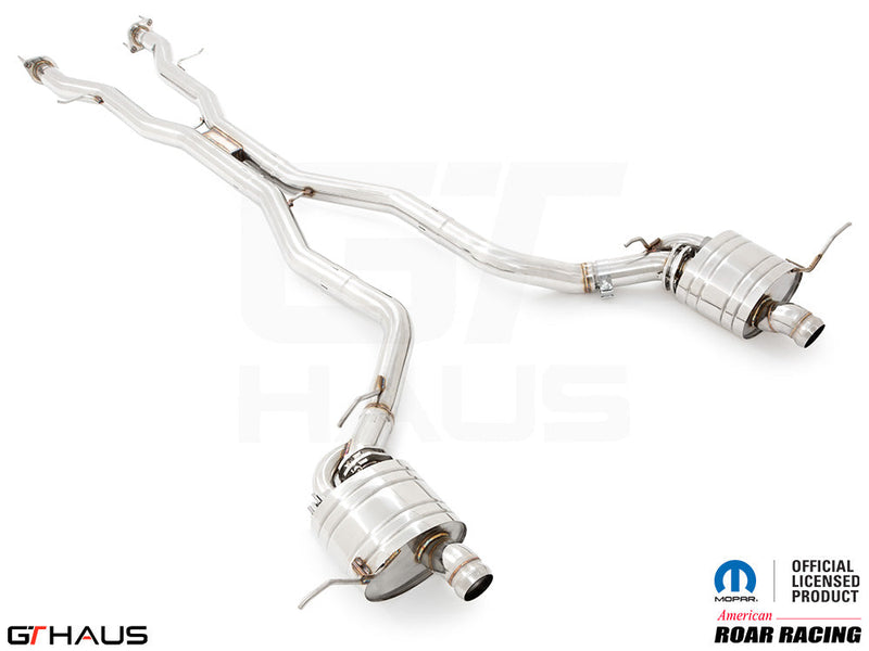 Premium performance exhaust system for 2012+ Jeep Grand Cherokee SRT8 with 6.4 HEMI V8, featuring stainless steel construction.