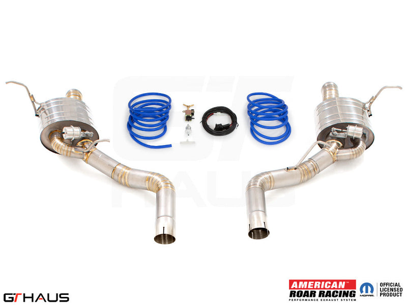 Premium performance exhaust system for 2012+ Jeep Grand Cherokee SRT8 with 6.4 HEMI V8, featuring stainless steel construction.