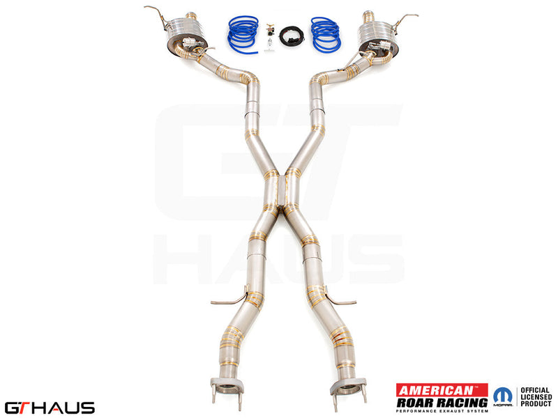 Premium performance exhaust system for 2012+ Jeep Grand Cherokee SRT8 with 6.4 HEMI V8, featuring stainless steel construction.