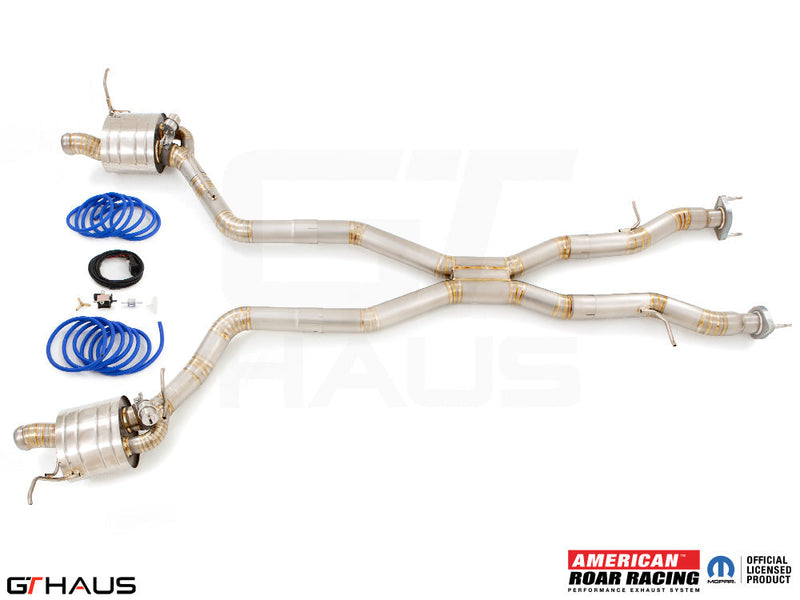 Premium performance exhaust system for 2012+ Jeep Grand Cherokee SRT8 with 6.4 HEMI V8, featuring stainless steel construction.