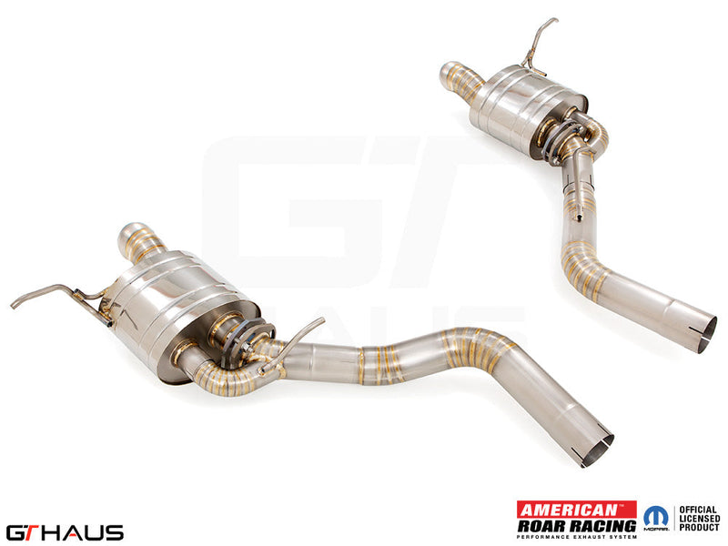 Premium performance exhaust system for 2012+ Jeep Grand Cherokee SRT8 with 6.4 HEMI V8, featuring stainless steel construction.