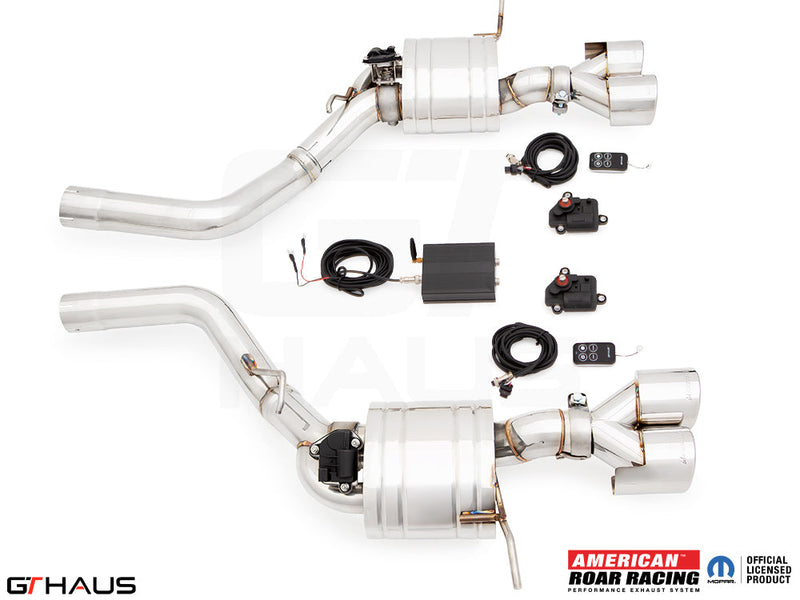 Premium exhaust system for 2017+ Jeep Grand Cherokee SRT TrackHawk, featuring stainless steel construction and electronic valve control.