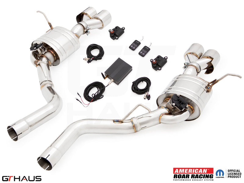 Premium performance exhaust system for 2017+ Jeep Grand Cherokee SRT TrackHawk, featuring stainless steel construction and electronic valve control.