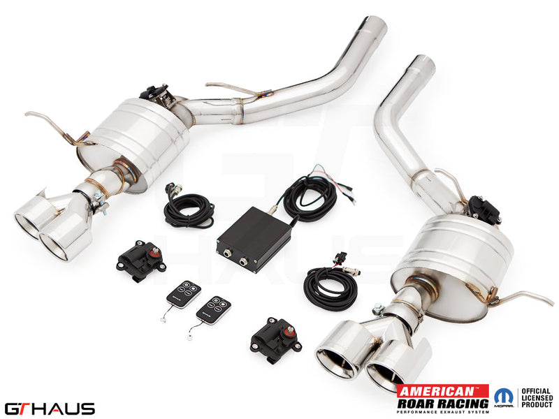 Premium exhaust system for 2017+ Jeep Grand Cherokee SRT TrackHawk with electronic valve control and dual tips.