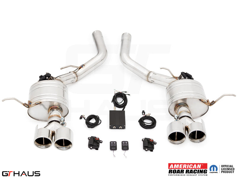 Premium performance exhaust system for 2017+ Jeep Grand Cherokee SRT TrackHawk, featuring stainless steel construction and electronic valve control.