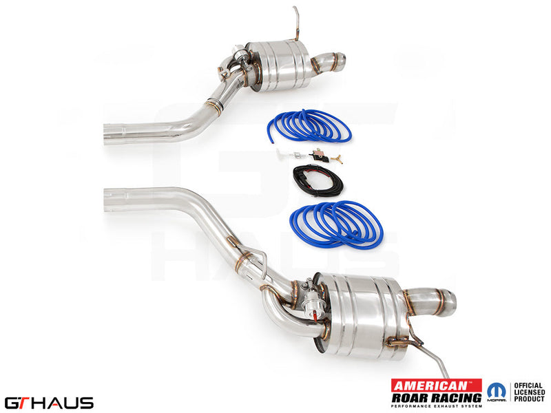 Premium performance exhaust system for 2017+ Jeep Grand Cherokee SRT TrackHawk, featuring stainless steel construction and components.