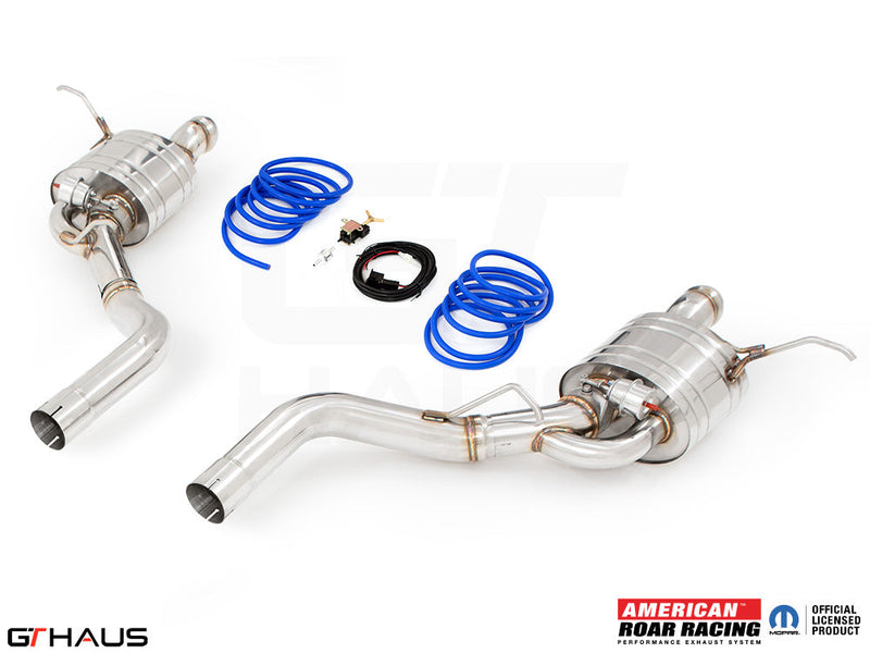 Premium performance exhaust system for 2017+ Jeep Grand Cherokee SRT TrackHawk, featuring stainless steel construction and electronic valve control.