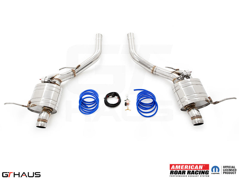 Premium performance exhaust system for 2017+ Jeep Grand Cherokee SRT TrackHawk, featuring stainless steel construction and components.