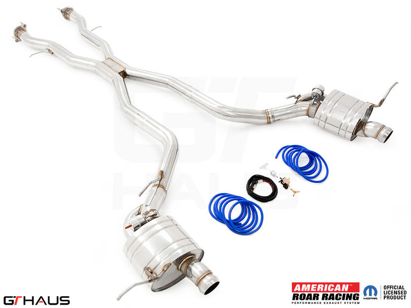 Premium performance exhaust system for 2017+ Jeep Grand Cherokee SRT TrackHawk, featuring stainless steel construction and electronic valve control.