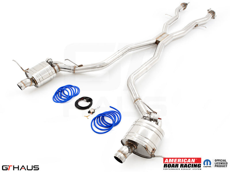 Premium performance exhaust system for 2017+ Jeep Grand Cherokee SRT TrackHawk, featuring stainless steel construction and valve control.