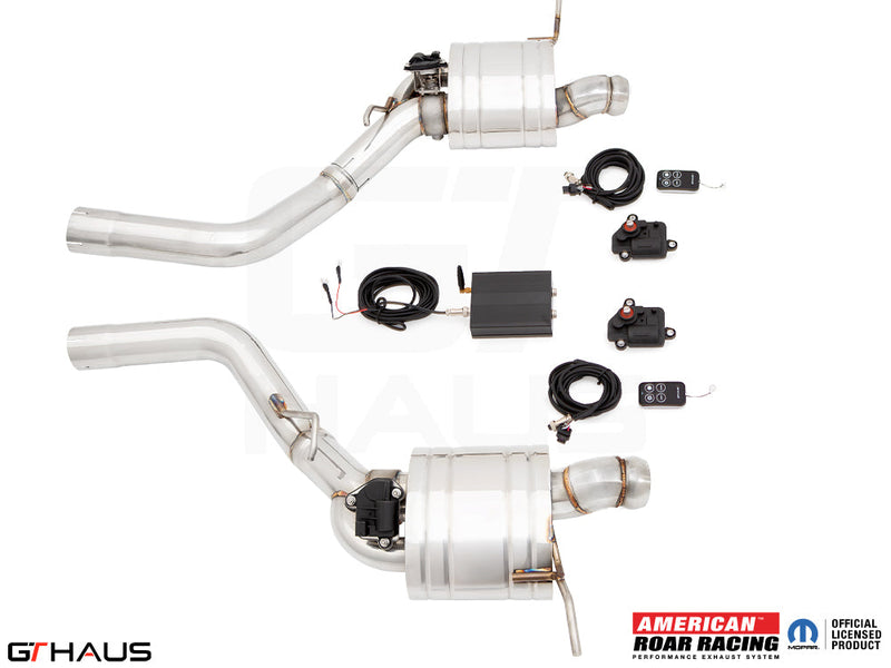 Premium exhaust system for 2012+ Jeep Grand Cherokee R/T with 5.7 HEMI V8, featuring electronic valve control and stainless steel construction.