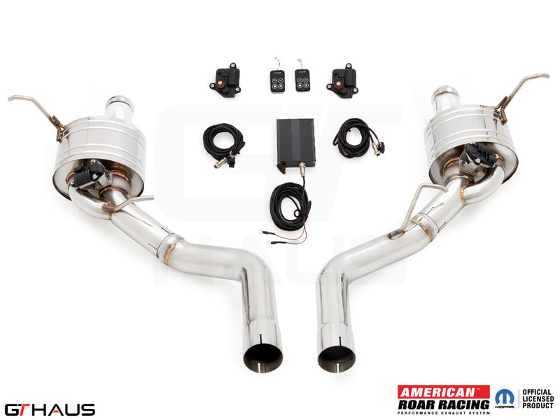 Premium performance exhaust system for Jeep Grand Cherokee R/T with 5.7 HEMI V8, featuring electronic valve control and stainless steel construction.