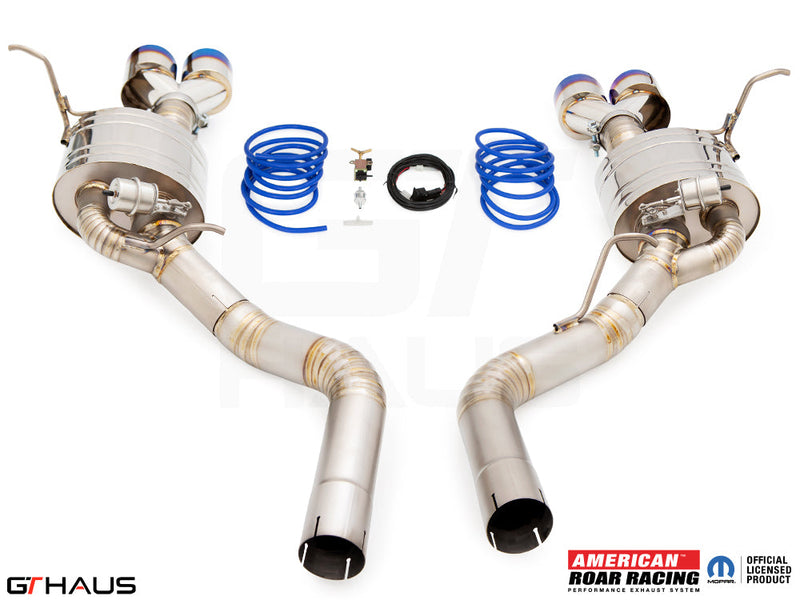Premium exhaust system for Jeep Grand Cherokee SRT8 featuring dual tips and performance components for enhanced sound and power.