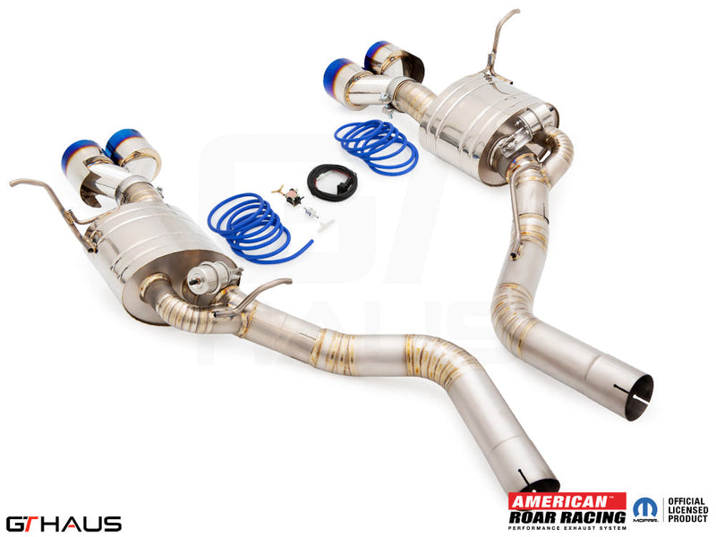 Premium performance exhaust system for Jeep Grand Cherokee SRT8 with 6.4 HEMI V8, featuring stainless steel construction and electronic valve control.