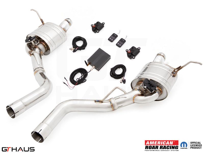 Premium performance exhaust system for 2017+ Jeep Grand Cherokee SRT TrackHawk, featuring stainless steel construction and electronic valve control.