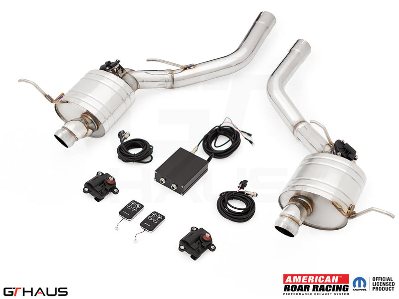 Premium performance exhaust system for 2017+ Jeep Grand Cherokee SRT TrackHawk, featuring electronic valve control and stainless steel construction.