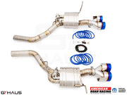 Premium performance exhaust system for 2017+ Jeep Grand Cherokee SRT TrackHawk, featuring stainless steel construction and blue tips.