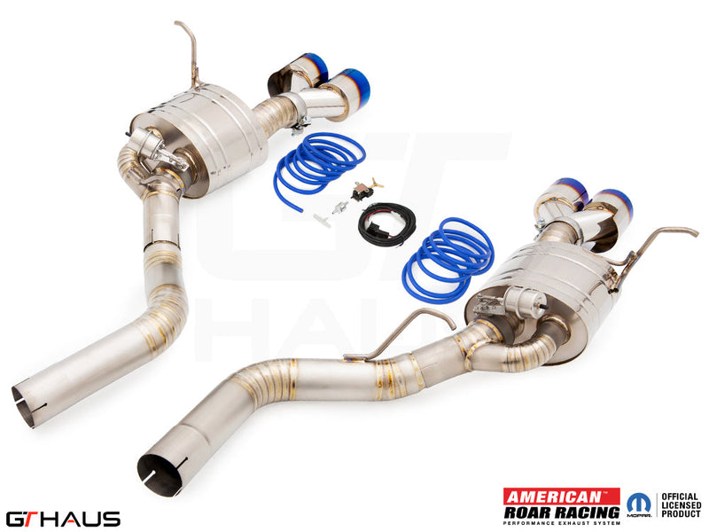 Premium performance exhaust system for 2017+ Jeep Grand Cherokee SRT TrackHawk, featuring stainless steel construction and blue accents.