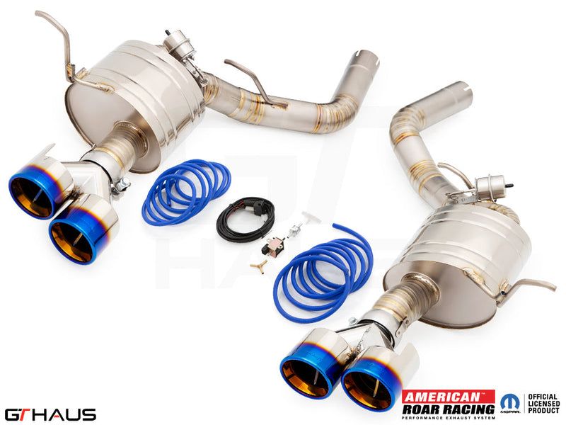 Premium exhaust system for 2017+ Jeep Grand Cherokee SRT TrackHawk, featuring dual tips and electronic valve control.