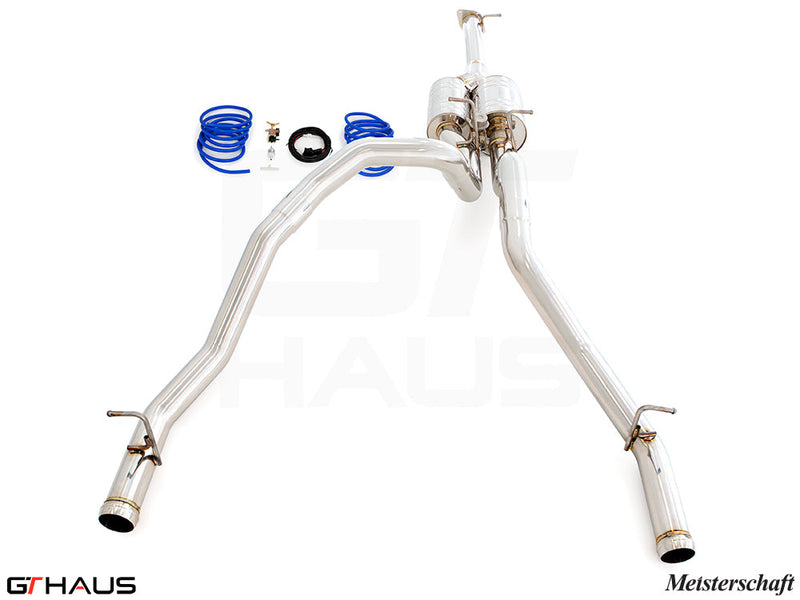 Premium performance exhaust system for 2019+ RAM 1500 with 5.7 HEMI V8, featuring stainless steel construction and components.