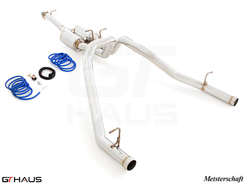 Premium performance exhaust system for 2019+ RAM 1500 with 5.7 HEMI V8, featuring stainless steel construction and accessories.
