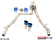 Premium performance exhaust system for RAM TRX 6.2L SC HEMI V8, featuring stainless steel construction and blue-tipped exhaust tips.