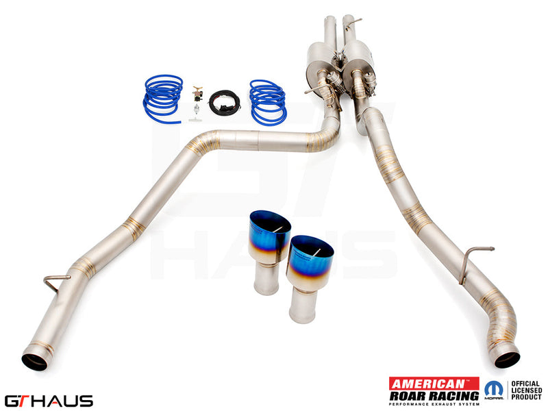 Premium performance exhaust system for RAM TRX 6.2L SC HEMI V8, featuring stainless steel construction and blue-tipped exhaust tips.