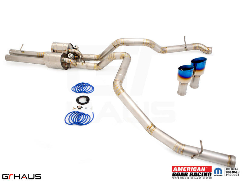 Premium performance exhaust system for RAM RHO V6T (2025+), featuring stainless steel construction and blue-tipped exhaust tips.