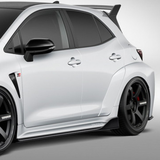 White car Toyota GR Corolla with black wheels on a gray background Aimgain carbon fiberbody kit