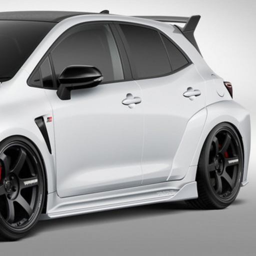 White car Toyota GR Corolla with black wheels on a gray background Aimgain body kit